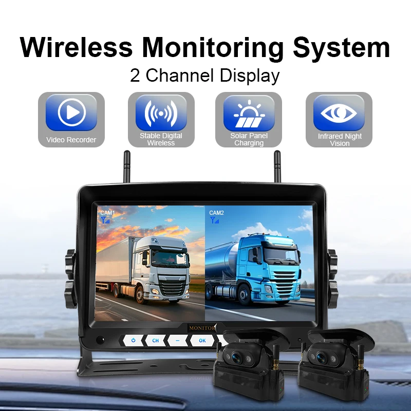 Wireless Solar Powered Backup Camera System 2CH 7 Inch Monitor Waterproof Rear View Cam Magnetic Night Vision for Truck RV Van