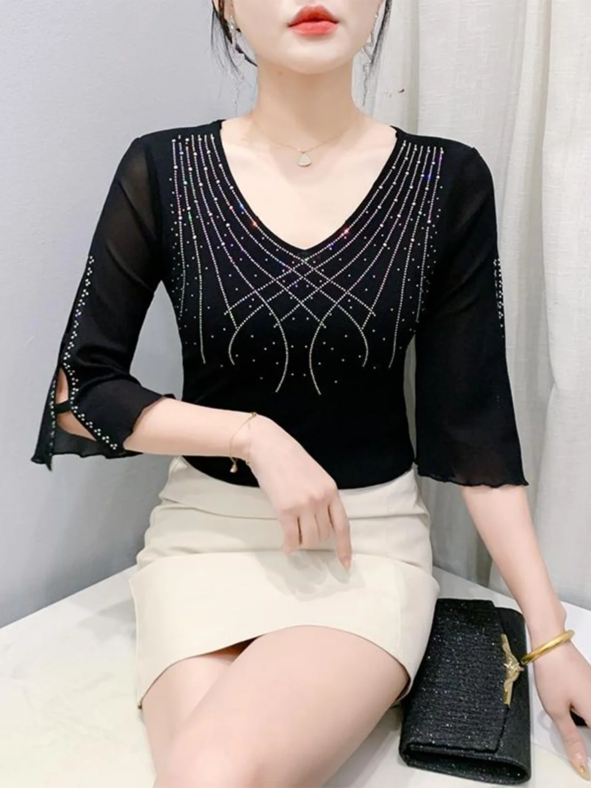 Sexy V-Ne Me T-irt Women's 3/4 Sve Summer Faion Heavy Embroidery Dance Top Trendy Hollow out Svel Crop Top