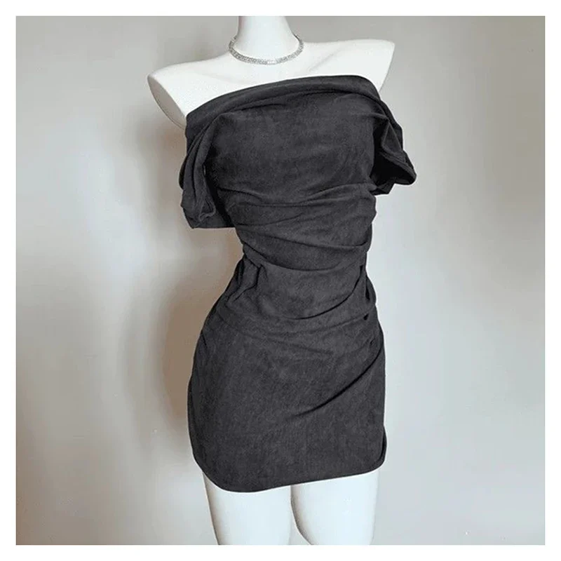 Grafietgrijze jurk, donkergrijs, andere artistieke retro-stijl bodycon sexy jurk met één kraag en prinsessenmouwen