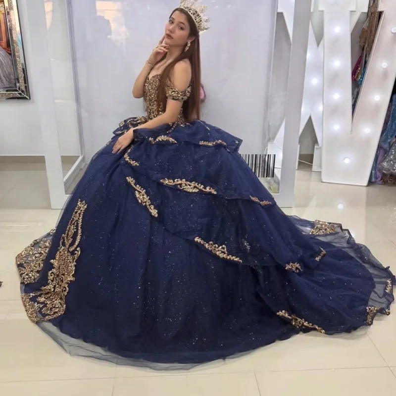 Customized royal blue Quinceanera Dresses Off the Shoulder golden sequin applique layering Tull Long tail Vestido 15 Quinceanera