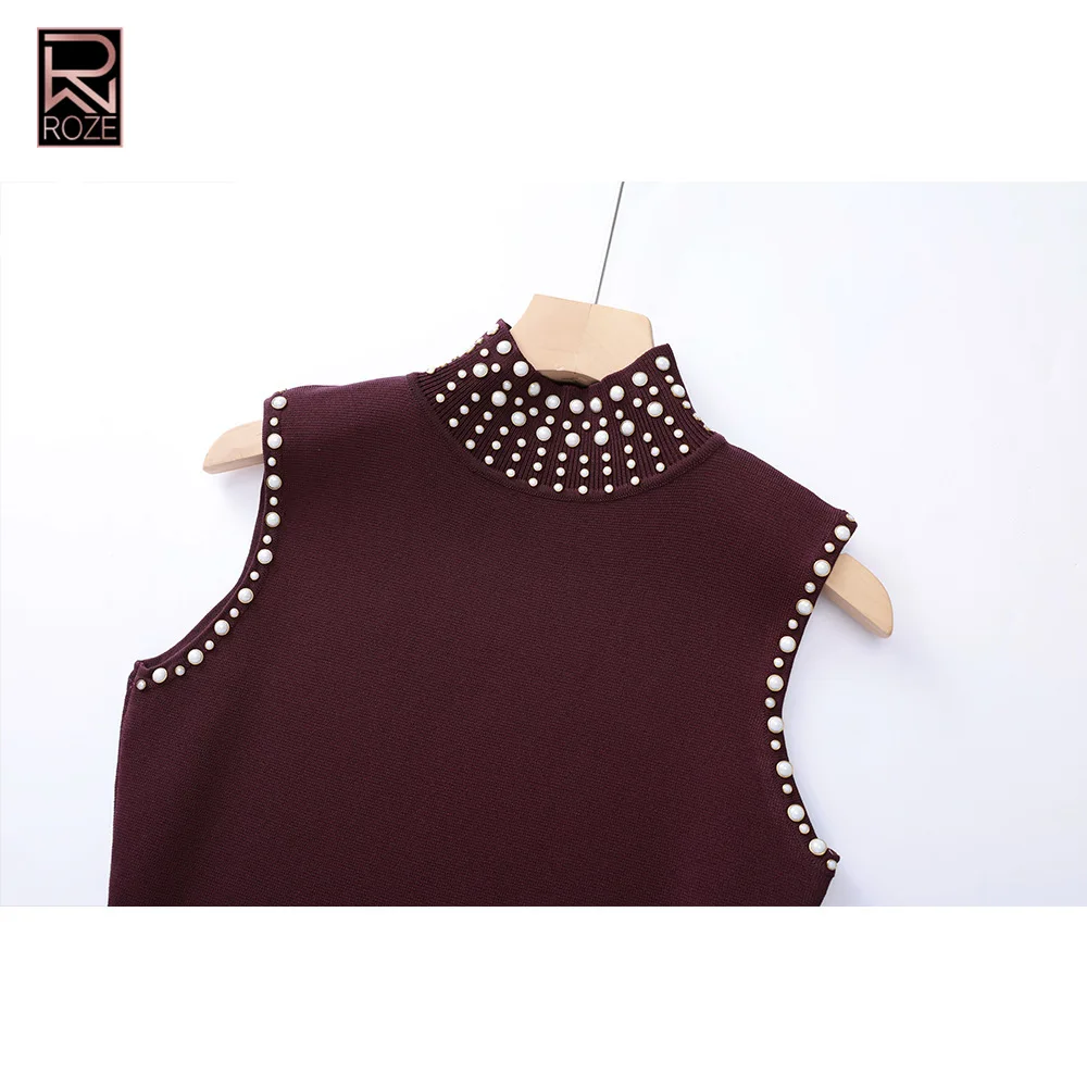 ROZE 여성용 민소매 터틀넥 바디콘 드레스 - 버건디/블랙 비즈 트림 프린지 밑단 파티 가운, 우아한 정장 이브닝 클럽