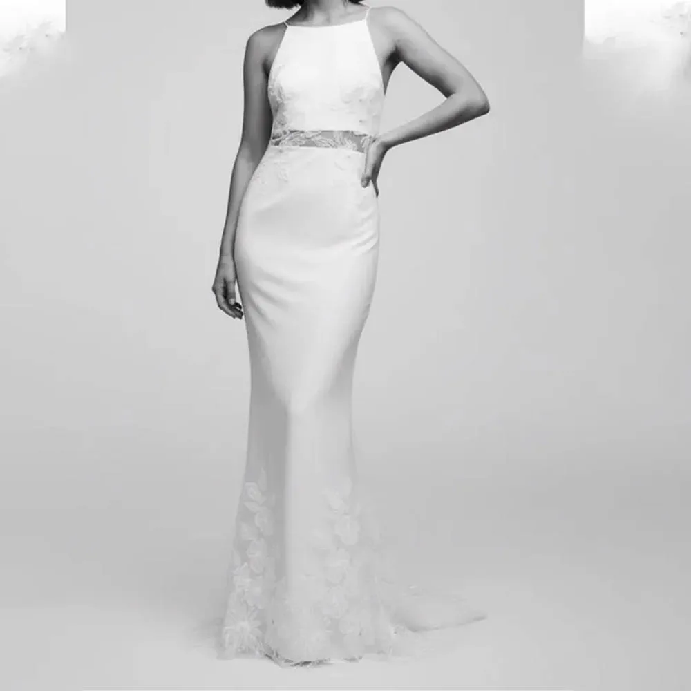 

Custom Made Halter Lace Applique Satin Sheath Wedding Dresses Custom Made 2026 Vestido De Noival