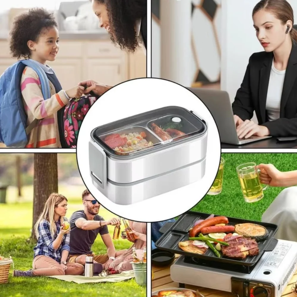 304 Stainless Steel 2 Layer Lunch Box Microwavable Leak-Proof Food Container Compartments Food Storage Box School