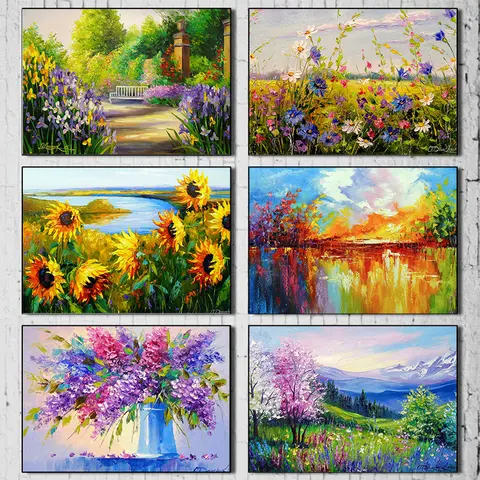 Pintura al óleo, póster de flores de paisaje, pintura artística altamente saturada, impresión en lienzo, porche, pared de habitación del hogar, pintura decorativa