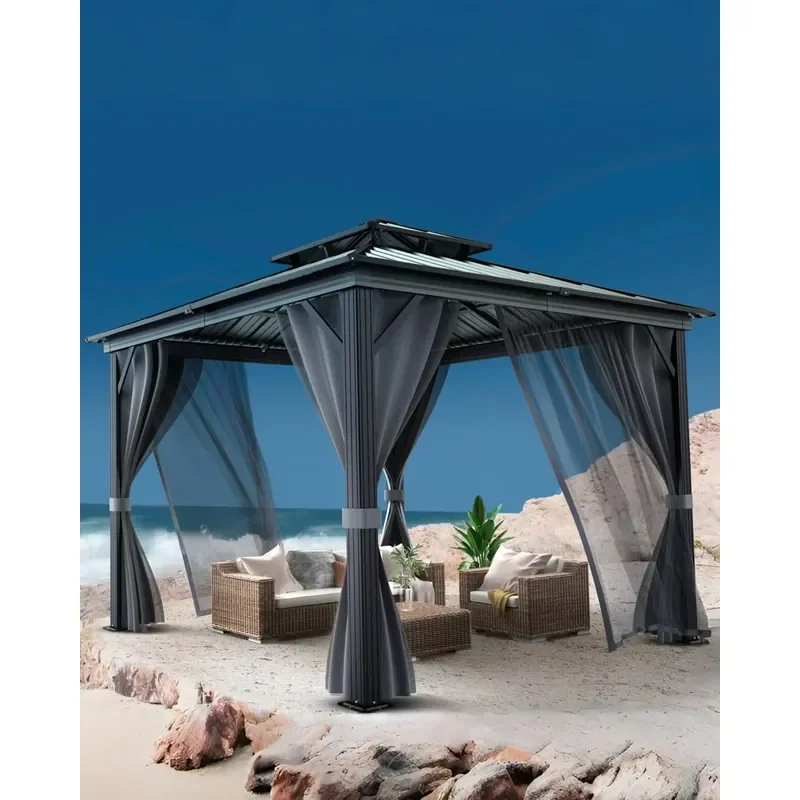 Outdoor Backyard Gazebo 8x8 Hardtop Steel Frame Modern Durable Pavilion with Double Roof Mosquito Netting & Privacy Curtains