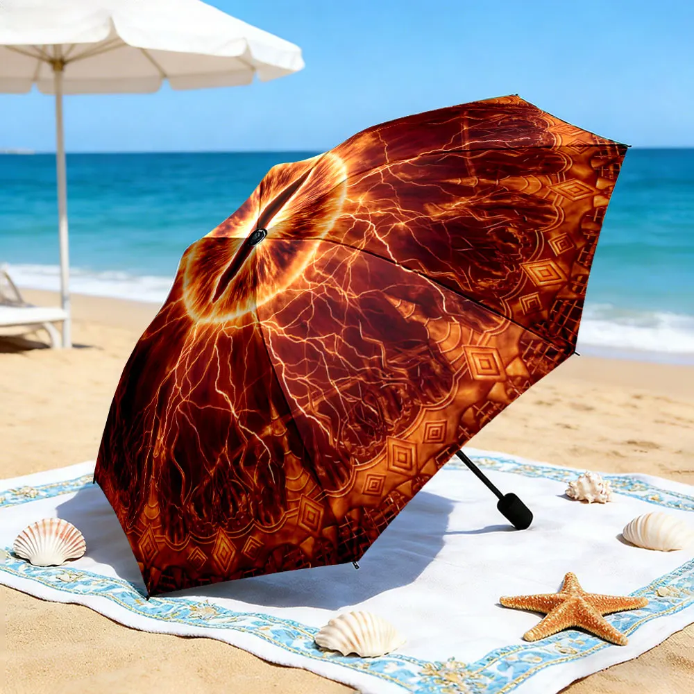 1PC Eye-Catching Design: Umbrella with Fiery Pattern Print 8 Iron Ribs Folding Umbrella Auto-Open Fashion Sunshade