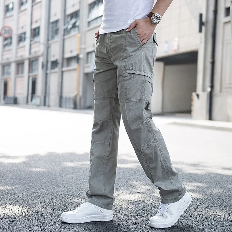 Big Size Men\'s Cargo Trousers Straight Leg Work Pant Men Loose Fit Summer Wide Overalls Male Side Multi Pocket Large Size