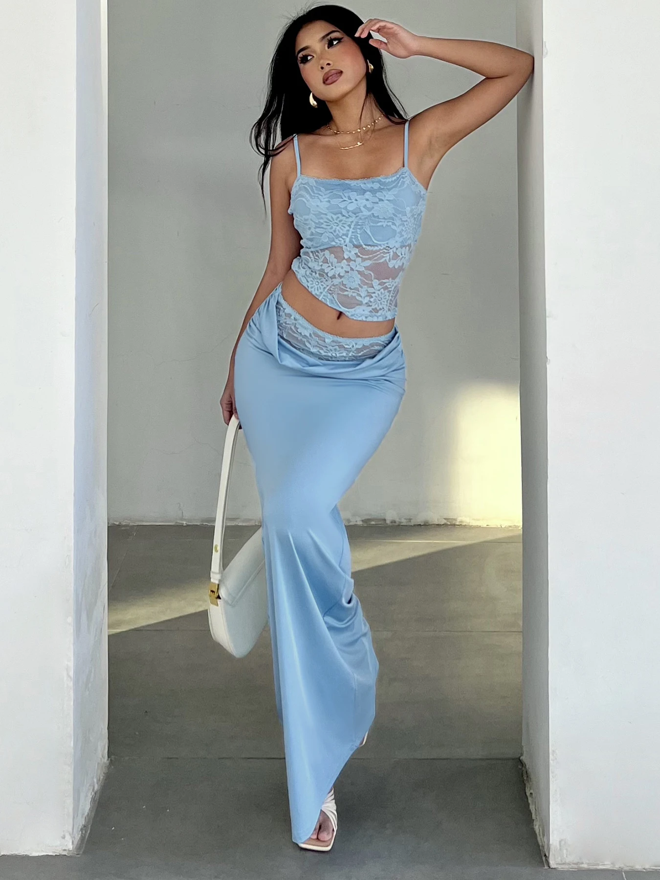 

Rockmore Lace Camis Pleated Splicing Long Skirt Elegant Fashion Vacation Summer Sexy See Through Tank Top Skirt Suit 2 Piece Set