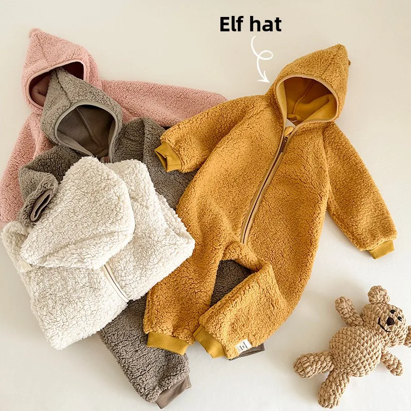 Baby Fleece Rompers Infant Crawling Clothes for Autumn Winter Baby Hooded Jacket Girls' Boys' Warm Clothes Jumpsuit
