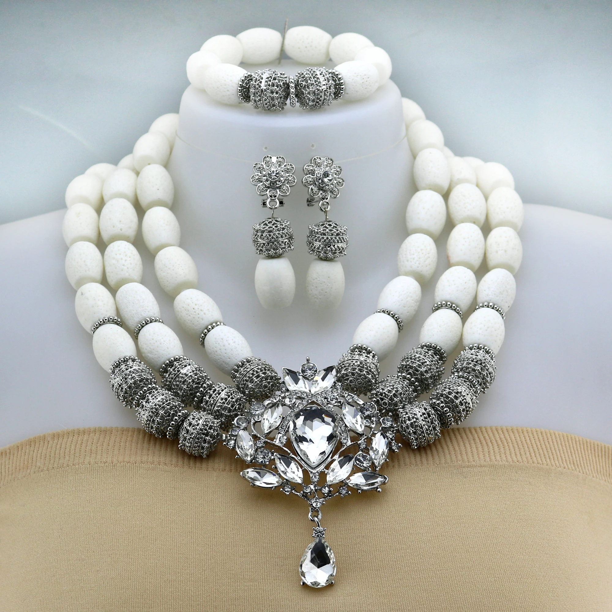 

White Original Coral Necklace Nigerian Wedding Bridal African Beads Jewelry Set