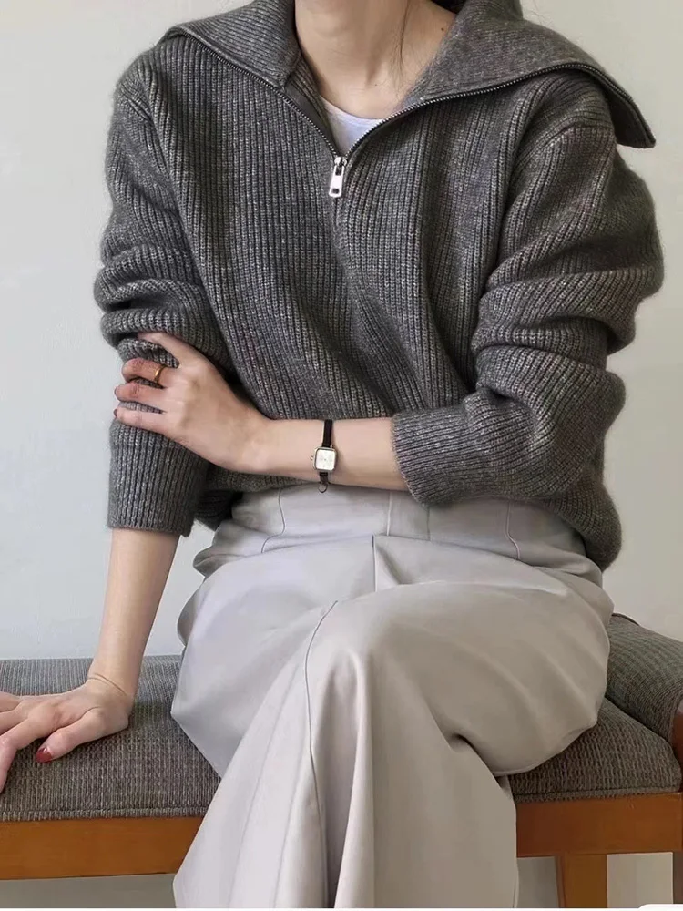 

Зимний кашемировый свитер с большими лацканами, толстый свитер с длинными рукавами, женский свободный вязаный низ с высоким воротником и молнией