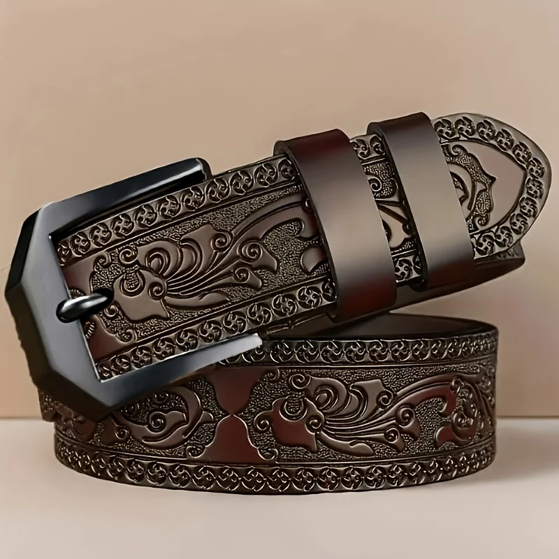 Men's Vintage Embossing Pin Buckle Belt, Alloy Metal Buckle Business Casual Embossed Leather Belt for Jeans Trousers Work Daily