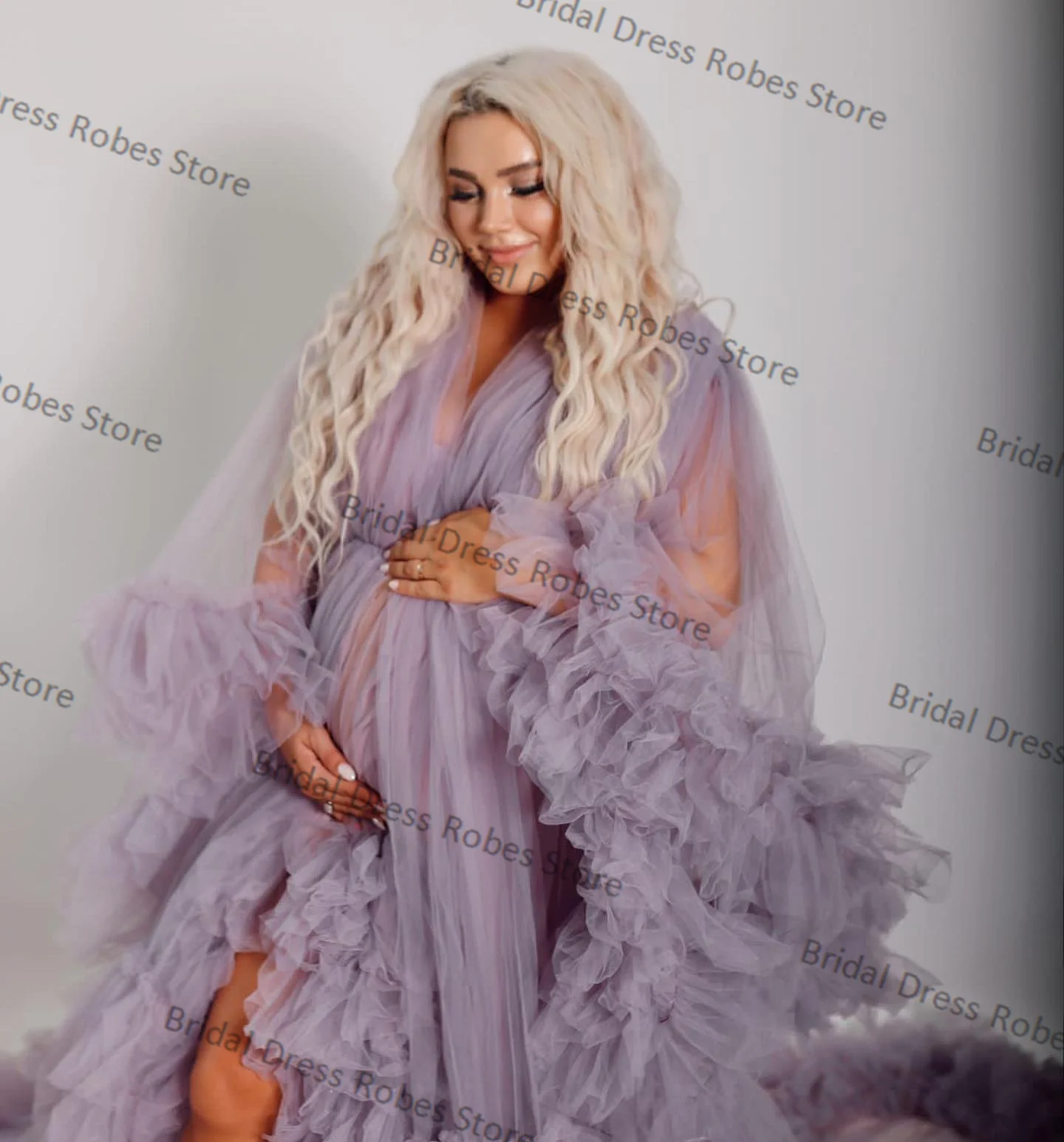 Light Purple Tulle Women Pregnant Pajamas Bridal Wedding Dresses Photo Shoot Ruffles Custom Made Sexy V Neck Prom Party Robe