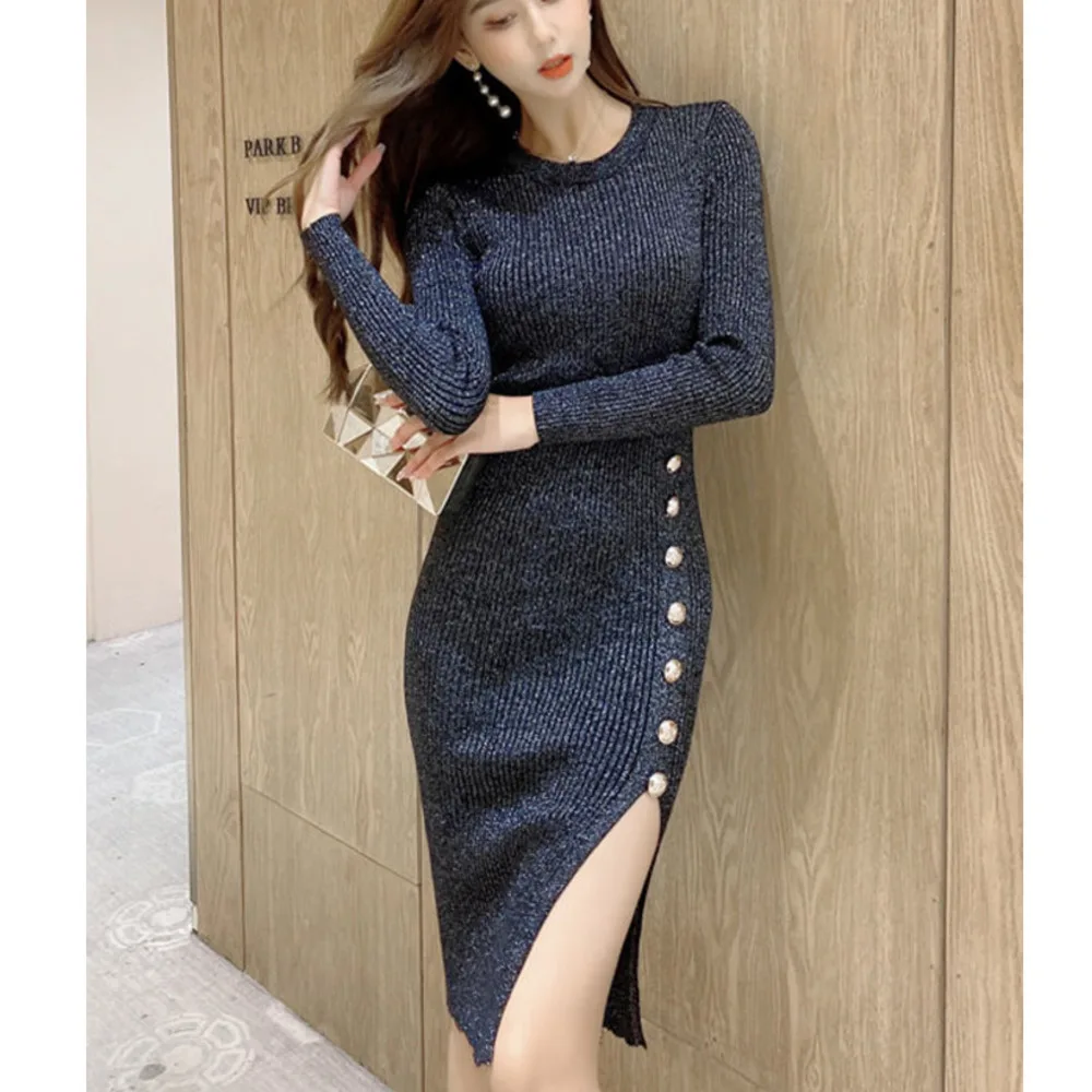 

Elegant Knitted Sweater Dress Women Sexy Split Buttons Knit Dress 2023 New Autumn And Winter Long Sleeve Casual Pullover Dress