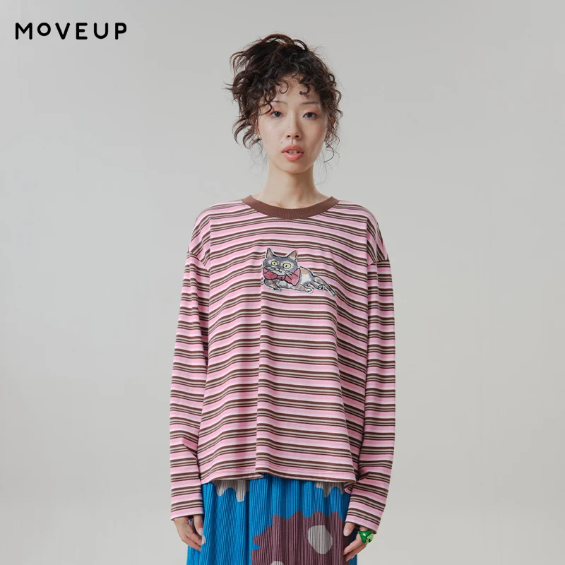 MOVEUP Cotton Crew Neck Striped T‑Shirt 2026 Autumn Cute Cat Applique Patch Embroidery 100% Cotton Loose Casual Tees 3ELQ10518