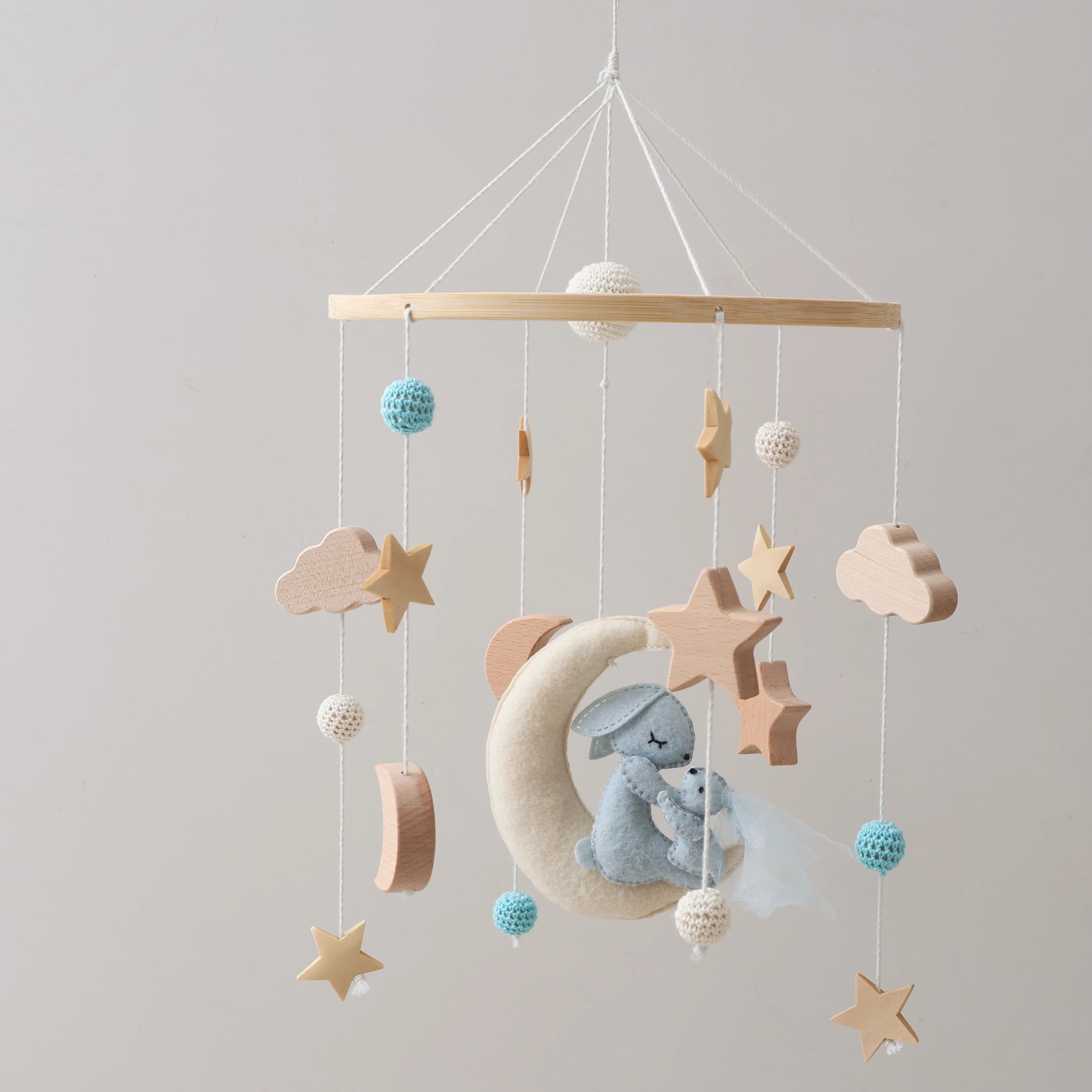 

Moon Bunny Bassinet Mobile Toy with Stars, Clouds & Rattle Balls - Adorable Hanging Nursery Decor for Cribs, Mixed Colors, Nylon