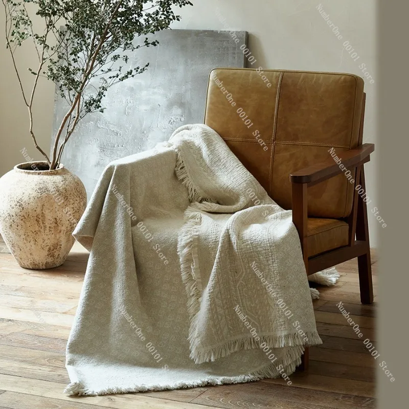 Cotton Linen Jacquard Tassel Blanket, Sofa Throw Blanket, Office Nap Blanket, Bed End Decorative Blanket for Home and Hotel Use