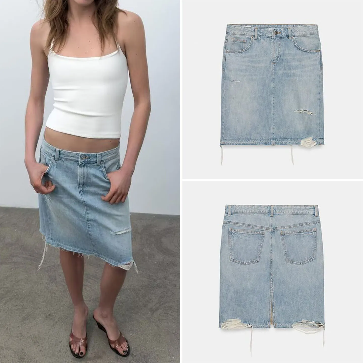 Women's Fashion Denim Skirt Mid-Waist Hole Decoration Versatile Spring 2026 New Arrival H-Shape Straight Cut Micro Stretch