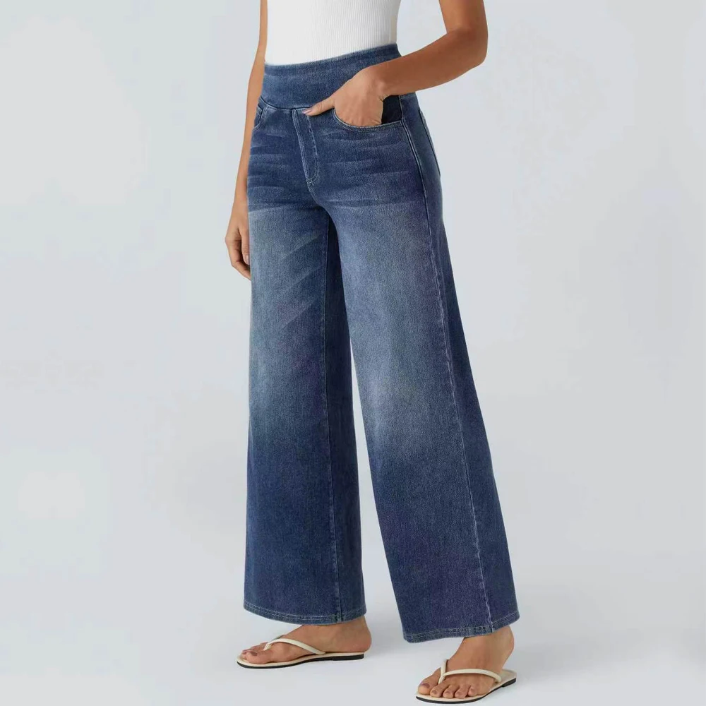 Shascullfites Damen-Jeans mit hoher Taille, dehnbar, dunkelblau, lässig, locker, weit geschnitten, Baggy-Jeans, dünne Schlagjeans – Detail 2