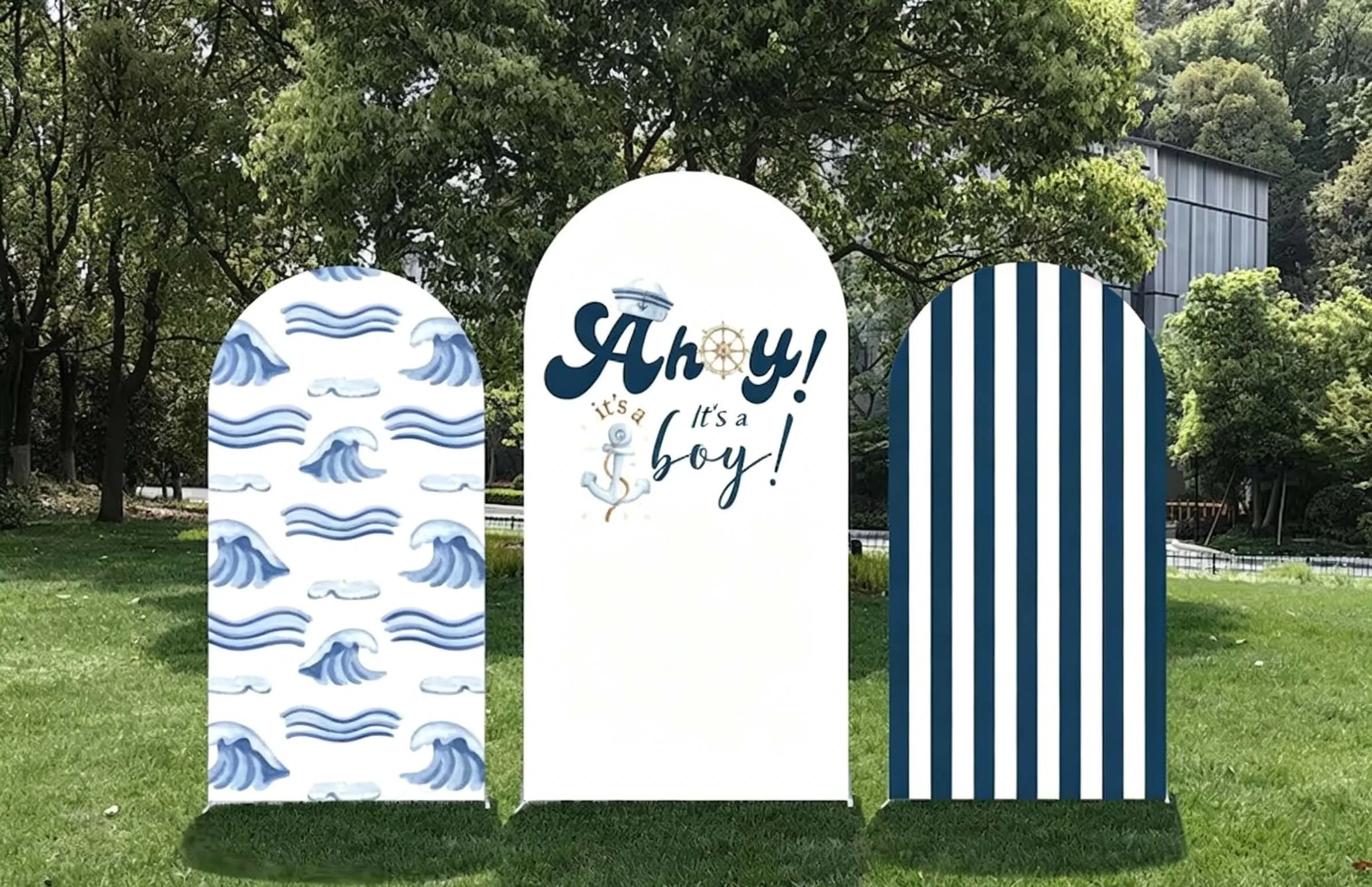 Custom 2-Side Ahoy It's a Boy Baby Shower Arch Backdrop Cover Blue White Stripes Custom Name Birthday Party Decor Backdrop Photo