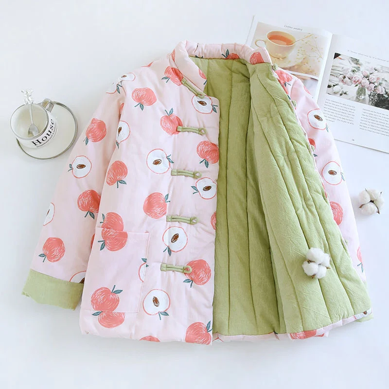 Women's Cotton Coat 2026 Autumn Winter Jacket Retro Plate Buckle Chinese Style Floral Pattern Lightweight Cotton Outerwear