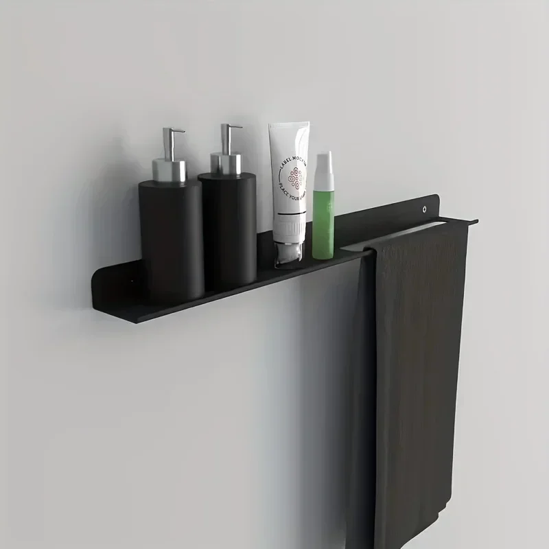 1pc Modern Wall-Mounted Bathroom Shelf with Towel Bar - Heavy-Duty Iron Space-Saving Storage Shelf, Multifunctional Shelving