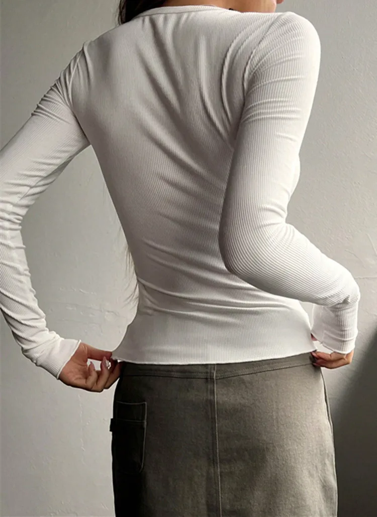 Autumn and winter women\'s new fashion button ribbed slim temperament solid color pullover sweater