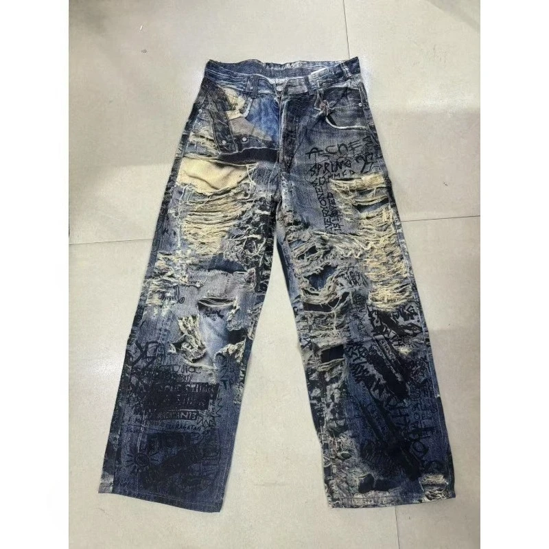 

American retro style jeans ragged hand-painted graffiti 3D print wrecked Y2K dirty trousers loose straight jeans street wear