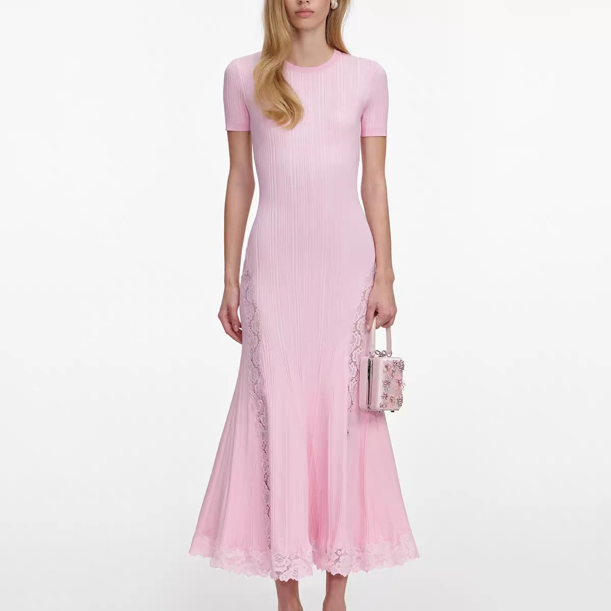 

Women Lace patchwork knitted maxi dress o-neck short sleeve slim pink knit long dress