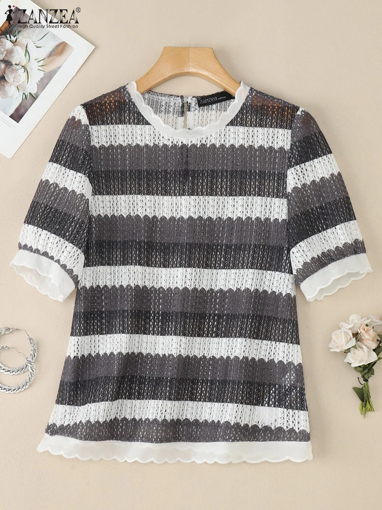 بلوزات كروشيه مخططة للسيدات من ZANZEA أنيقة برقبة دائرية وأكمام قصيرة منتفخة مزخرفة بالدانتيل بلوزات محبوكة لربيع وصيف 2025 #1