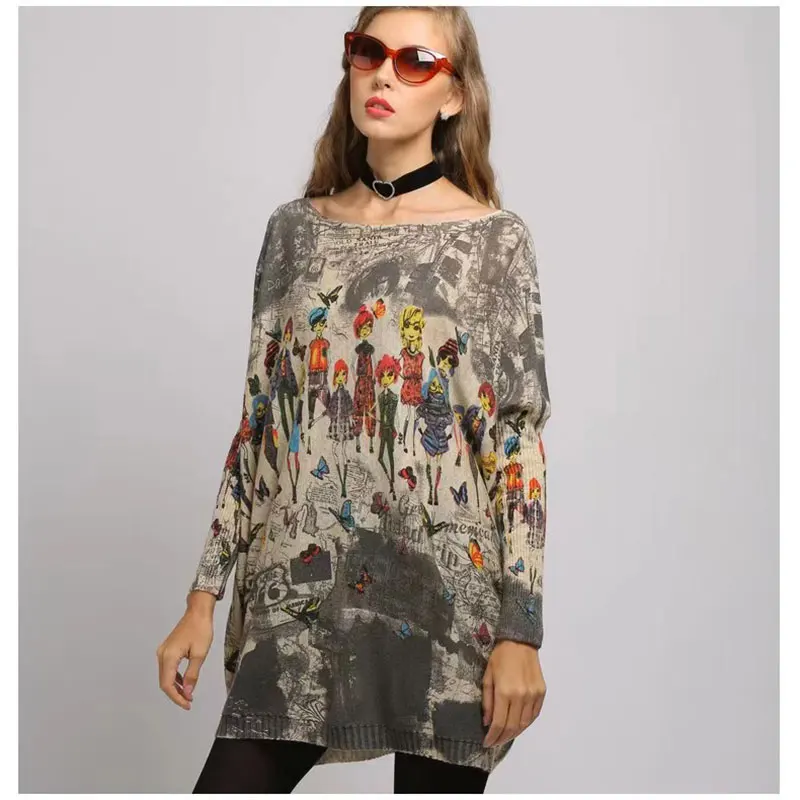 Suéter de manga de murciélago para mujer, jerseys de punto sueltos, Tops casuales con estampado que combinan con todo, ropa de calle femenina, Otoño e Invierno