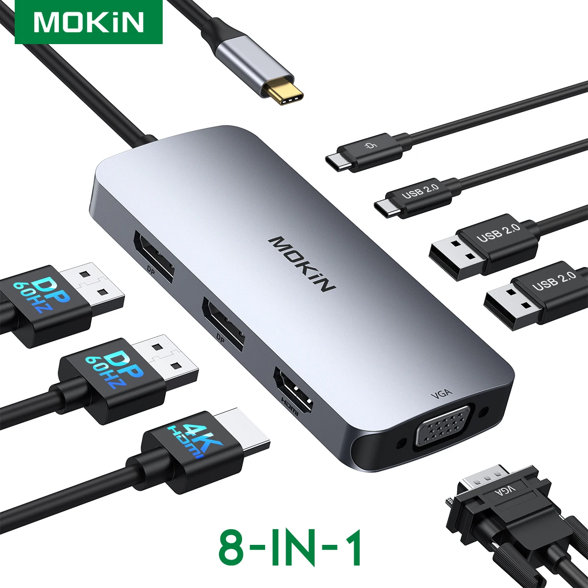 MOKiN Hub USB Tipe C 8 in 1, aksesori PC Port pengisian daya PD 4K @ 60Hz DP HDMI VGA USB-C 2.0 USB-A 2.0 100W