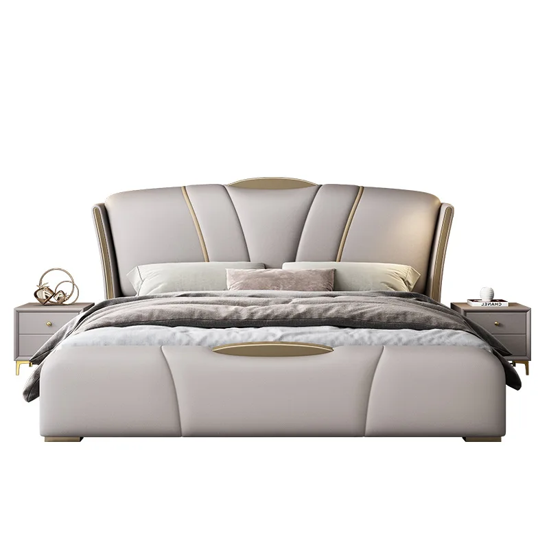 #Italian-Inspired High-End Minimalist Modern Double Bed for Master Bedroom Genuine Leather Upholstery