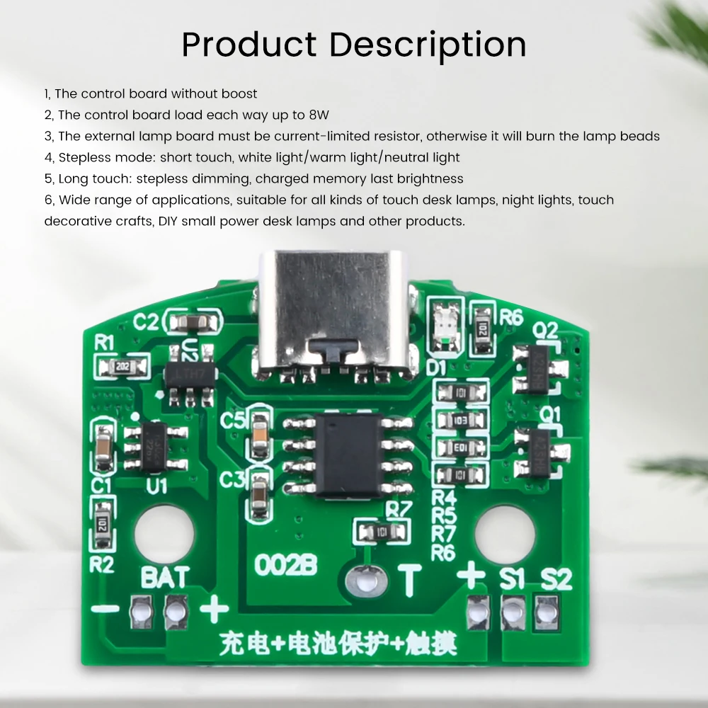 Tipo-C LED Table Lamp Circuit Board, Carregamento USB, Três Engrenagens Stepless, Regulável, Touch, Módulo de Controle Pequeno Night Light, 8W