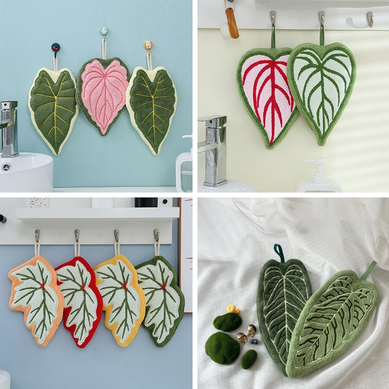 Soft Double-layer Leaf Style Hand Towel Thickened Absorbent Hanging Hand Cloth Speed Dry Handkerchief Rag for Kitchen Bathroom