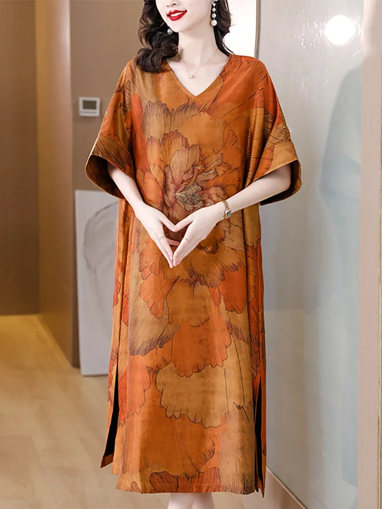 

Женское шелковое роскошное элегантное вечернее платье с цветочным принтом, летнее платье с коротким рукавом и v-образным вырезом, свободная талия, 2025 г., корейское винтажное повседневное платье для выпускного вечера