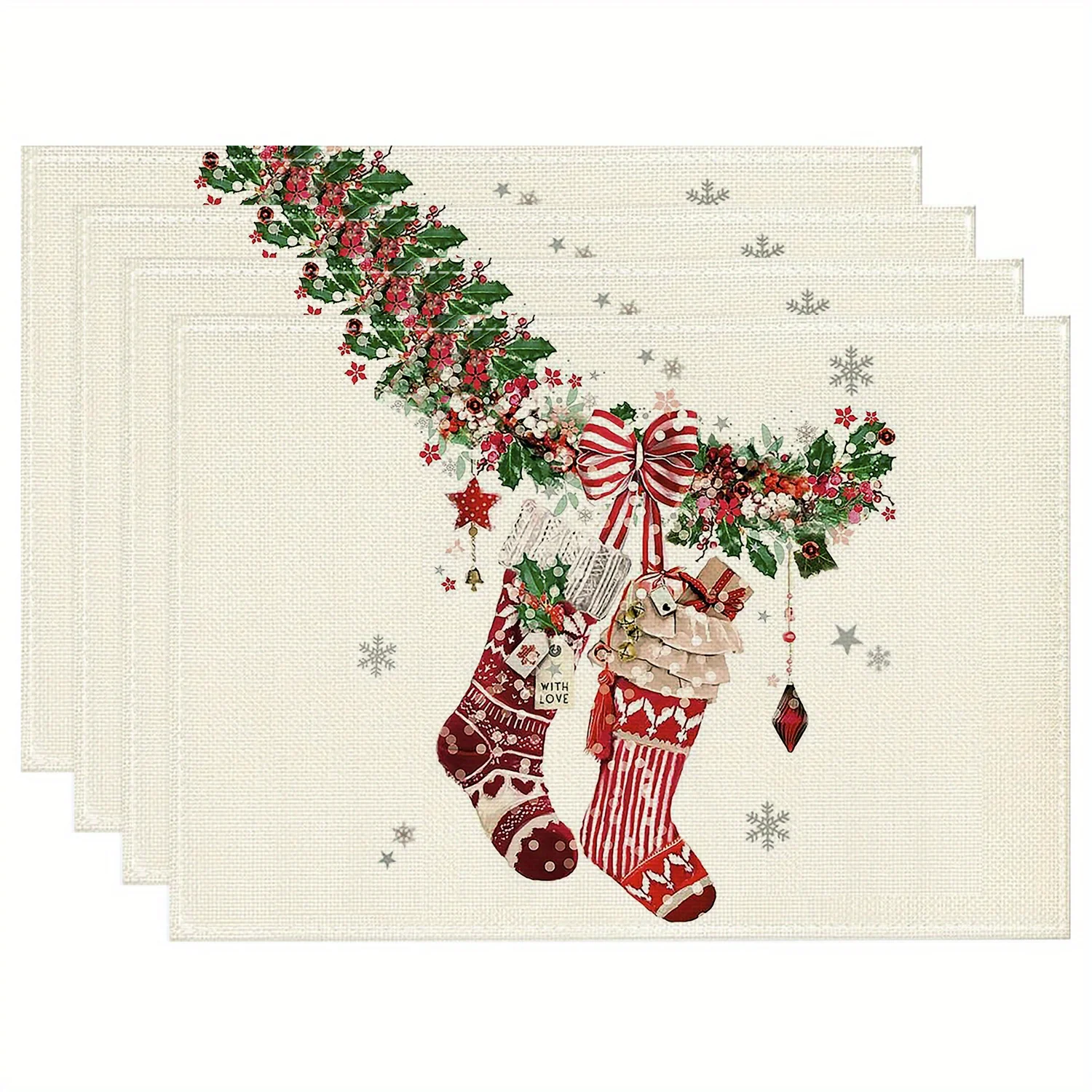 4pcs Festive Christmas Placemats 12x18 In Polyester Hand Wash Only, with Snowflake Holly Berry Socks Design for Holiday Dining
