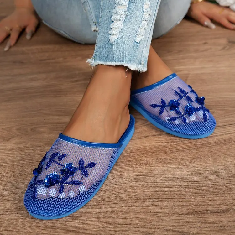 Women's Summer Embroidered Sequin Flower Decorated Slippers 2026 New Soft Bottom Comfortable Mesh Breathable Toe-cap Slippers