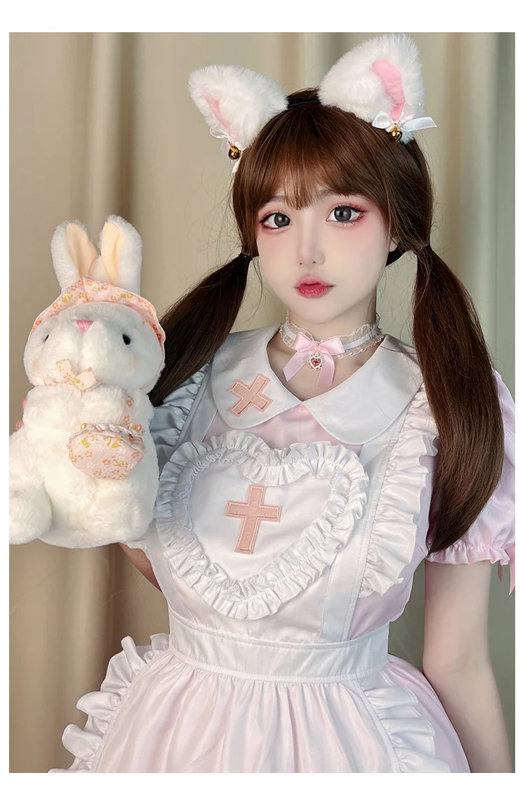IOOTIANY Gothic Lolita Cosplay, japanisches Anime-Kostüm, cremefarbenes, herzförmiges, rosafarbenes Lolita-Kleid, Kostüm im Stil einer Dienstmädchenuniform, kurzärmelige Krankenschwesteruniform. – Detail 6