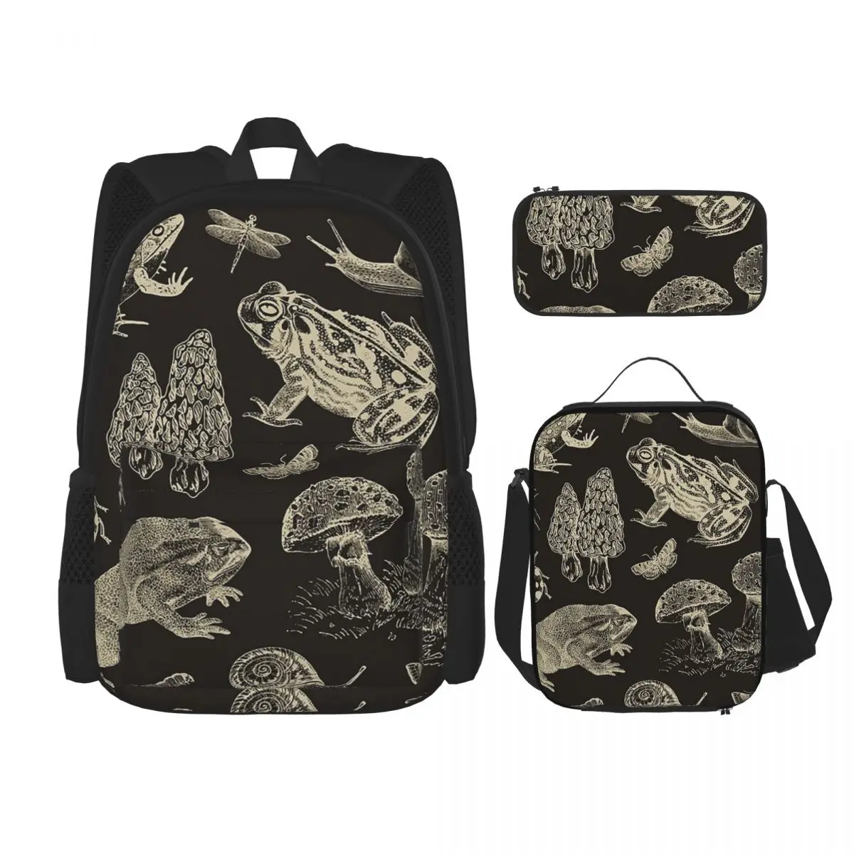 

Frog, Mushroom, Snail, And Moth Insects Backpacks Students School Bags Kids Rucksack Lunch Bag Pen Bag Three-Piece Set