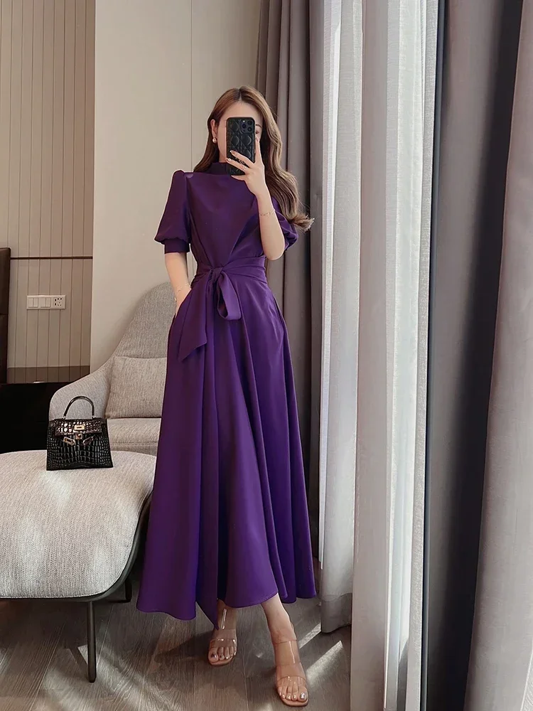 VKBN Summer Dress Women Purple Lantern Sleeve High Waist Half High Collar Sashes Party Elegant Vestidos De Fiesta