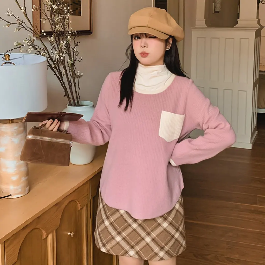 

Женский контрастный повседневный вафельный свитер больших размеров, зимняя верхняя одежда, свободный вязаный свитер для полных девочек, стиль 22515