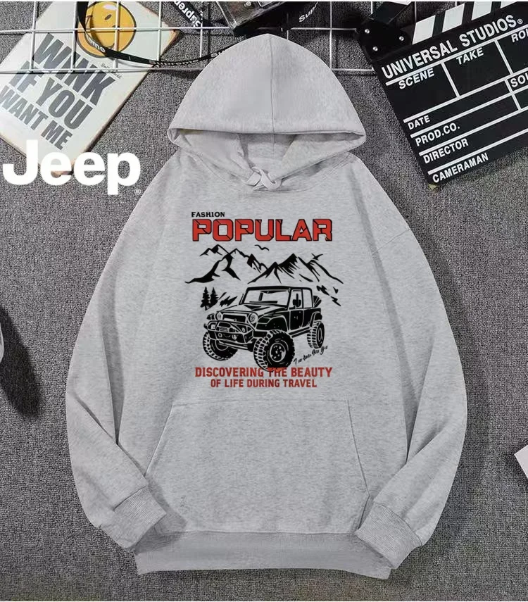 Men JEEP Vintage Outdoor Vehicle Print Hoodie Loose Fit Mountain Travel Long Sleeve Pullover Casual