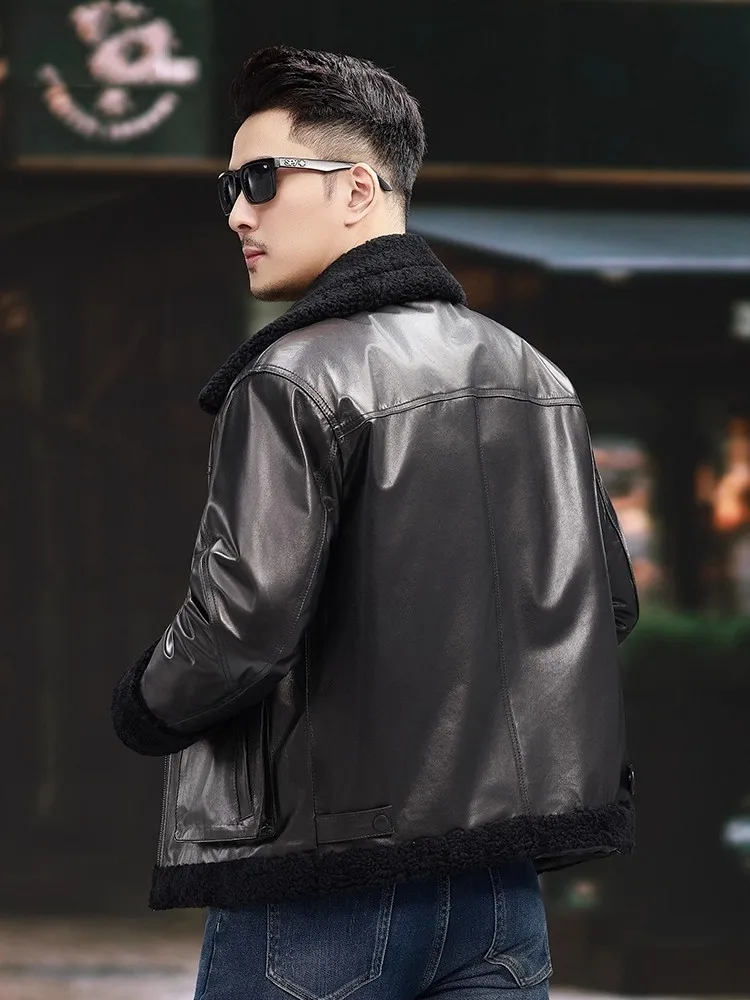 Alta qualidade real pele de cabra dos homens para baixo jaqueta gola lã curto outerwear zíperes chique outono inverno luxo jaquetas couro genuíno