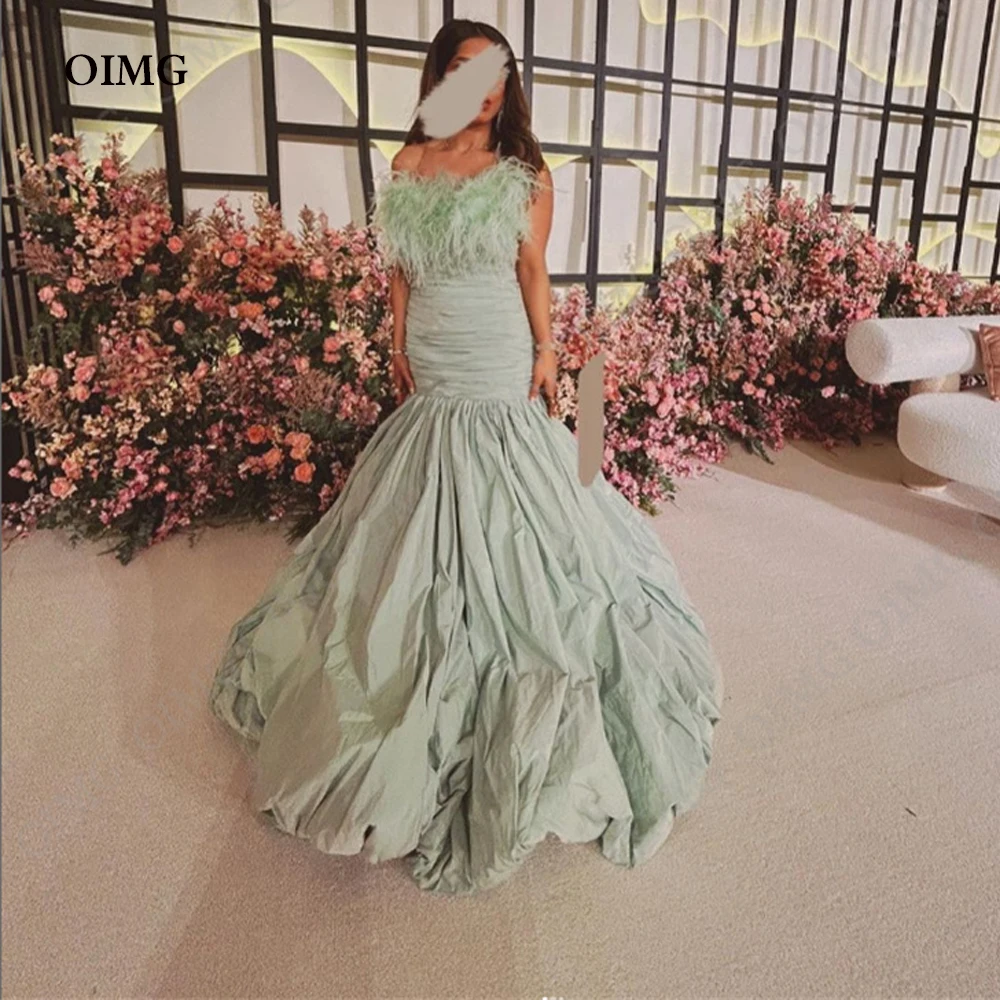 

OIMG Saudi Arabic Taffeta Feathers Evening Dresses Women Strapless Mermaid Light Green Party Dress Dubai Formal Prom Gowns