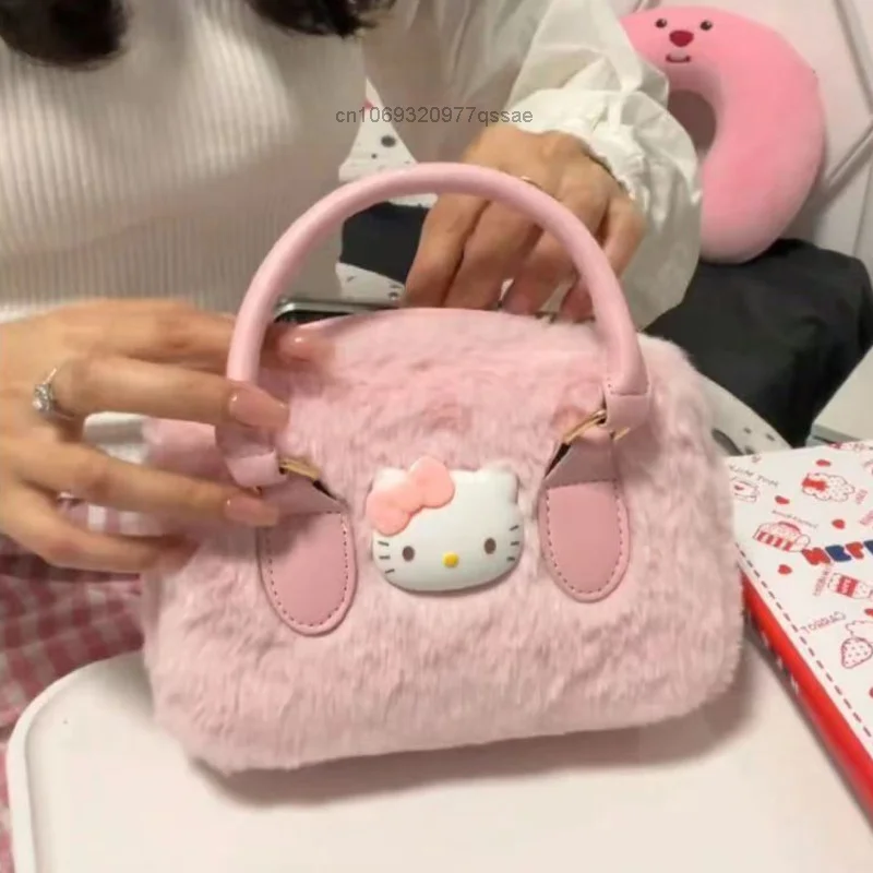 Hello Kitty Pink Cute Fury Handbag with Korean Style Y2k Sanrio Shoulder Crossbody Fluffy Zipper Purse Bag Student Girls' Bags