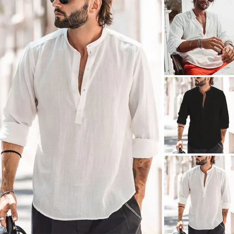 

New Men's Casual Shirts Comfort Cotton Linen Shirt Simple Loose Tops Henry Collar Long Sleeve Solid Shirts Handsome Men's Blouse