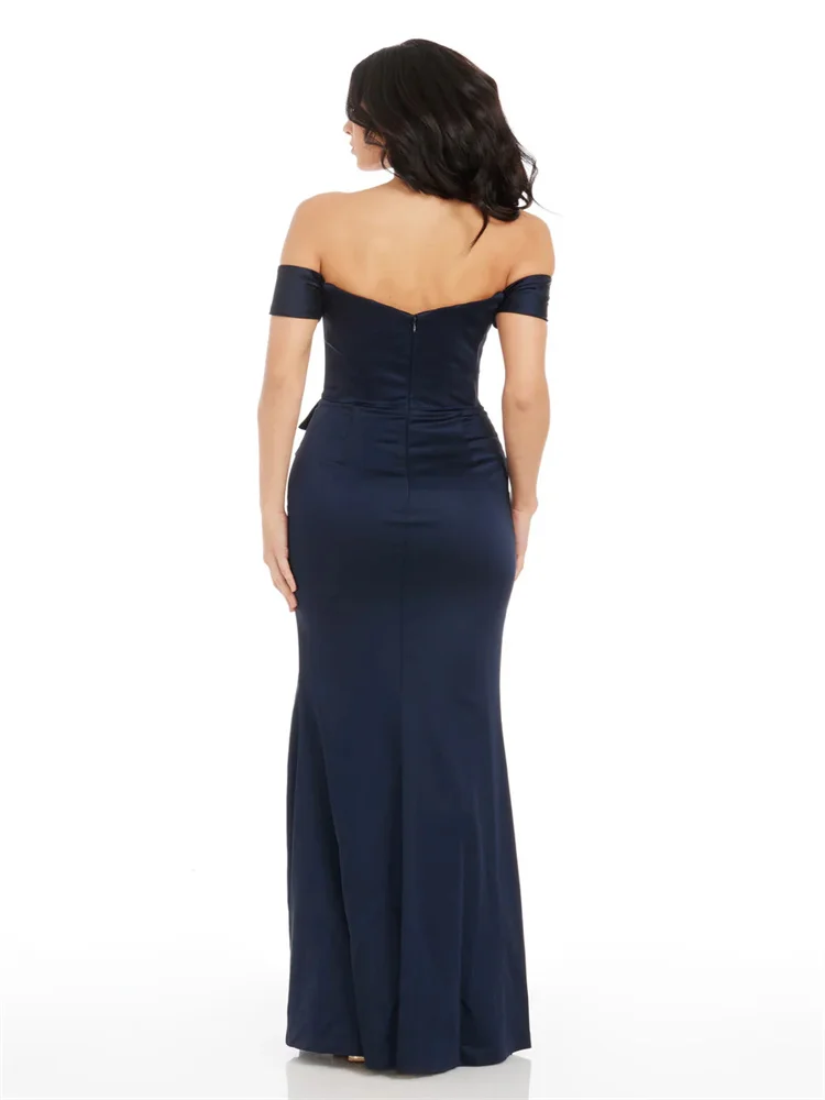 New Arrival Off Shoulder Neckline Satin Sheath Evening Dress Elegant Open Back Zipper Floor Length High Slit Gown For Women 2024