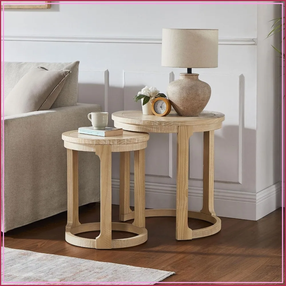 Solid Wood Round Nesting Coffee Table Set of 2 for Living Room