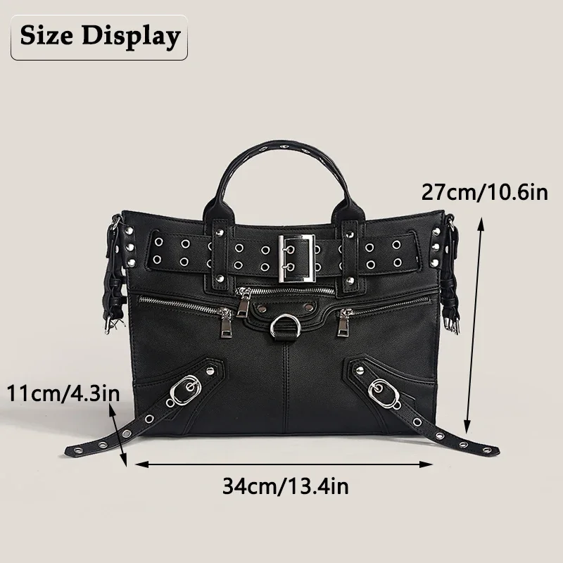 JIOMAY Women Black Goth Bag 2024 Fashion Woman Ladies Moto and Biker Style Shoulder Bag Rivet Belt Large Capacity Tote Bag